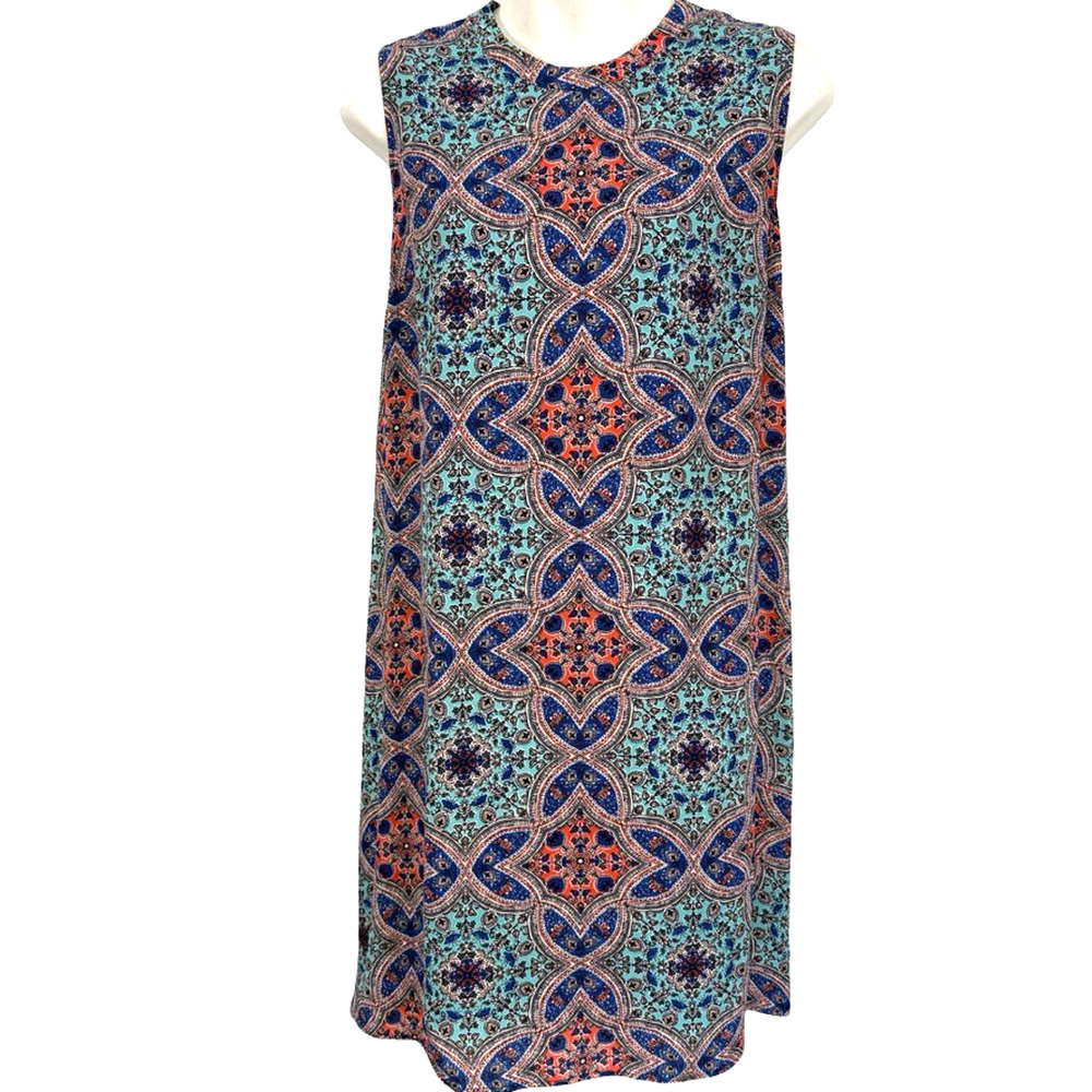 DR2 Daniel Rainn Womens Pleated Sleeveless High Neck Chiffon Blue Print Dress L